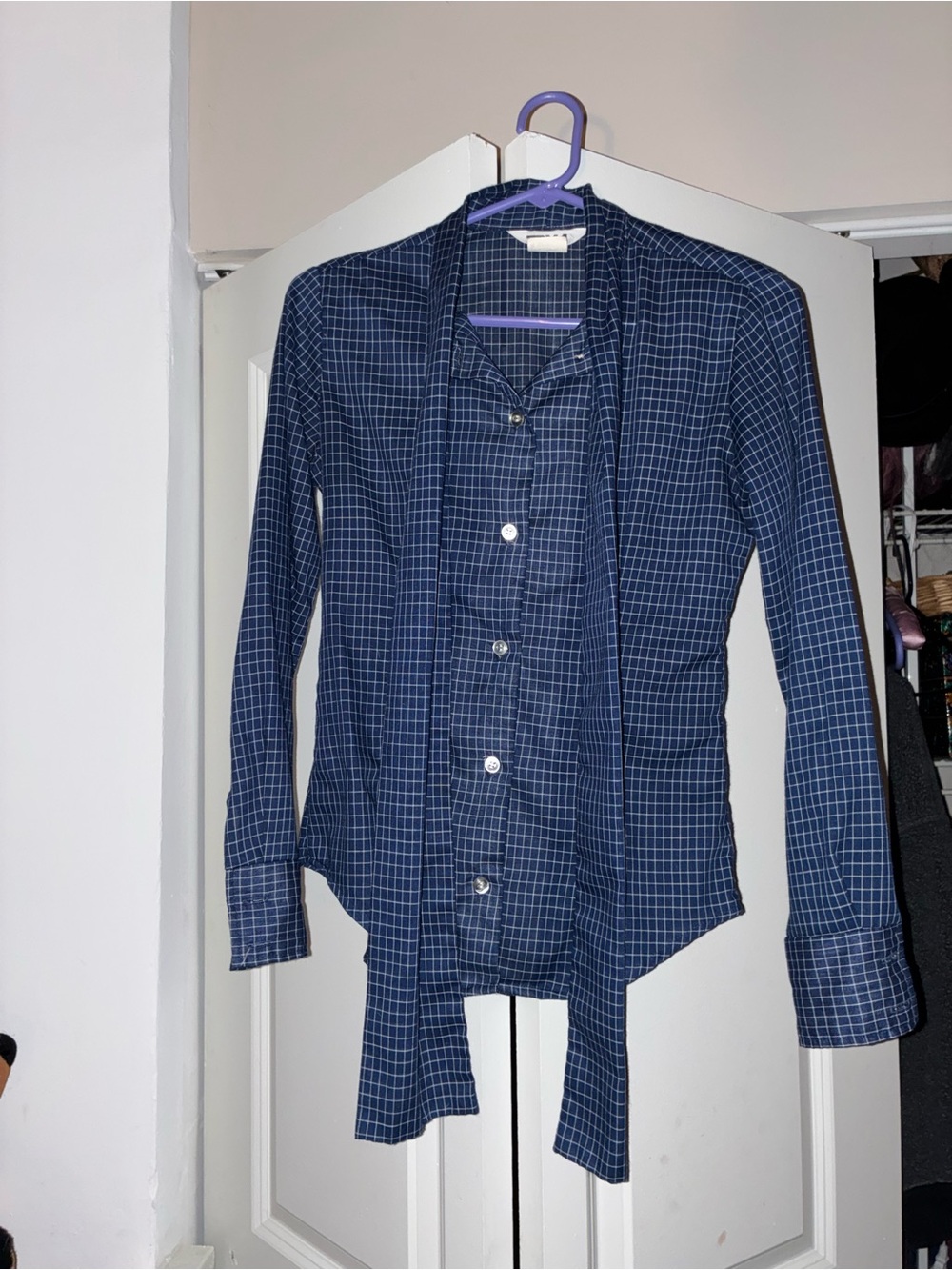 Vintage navy button up blouse with neck tie